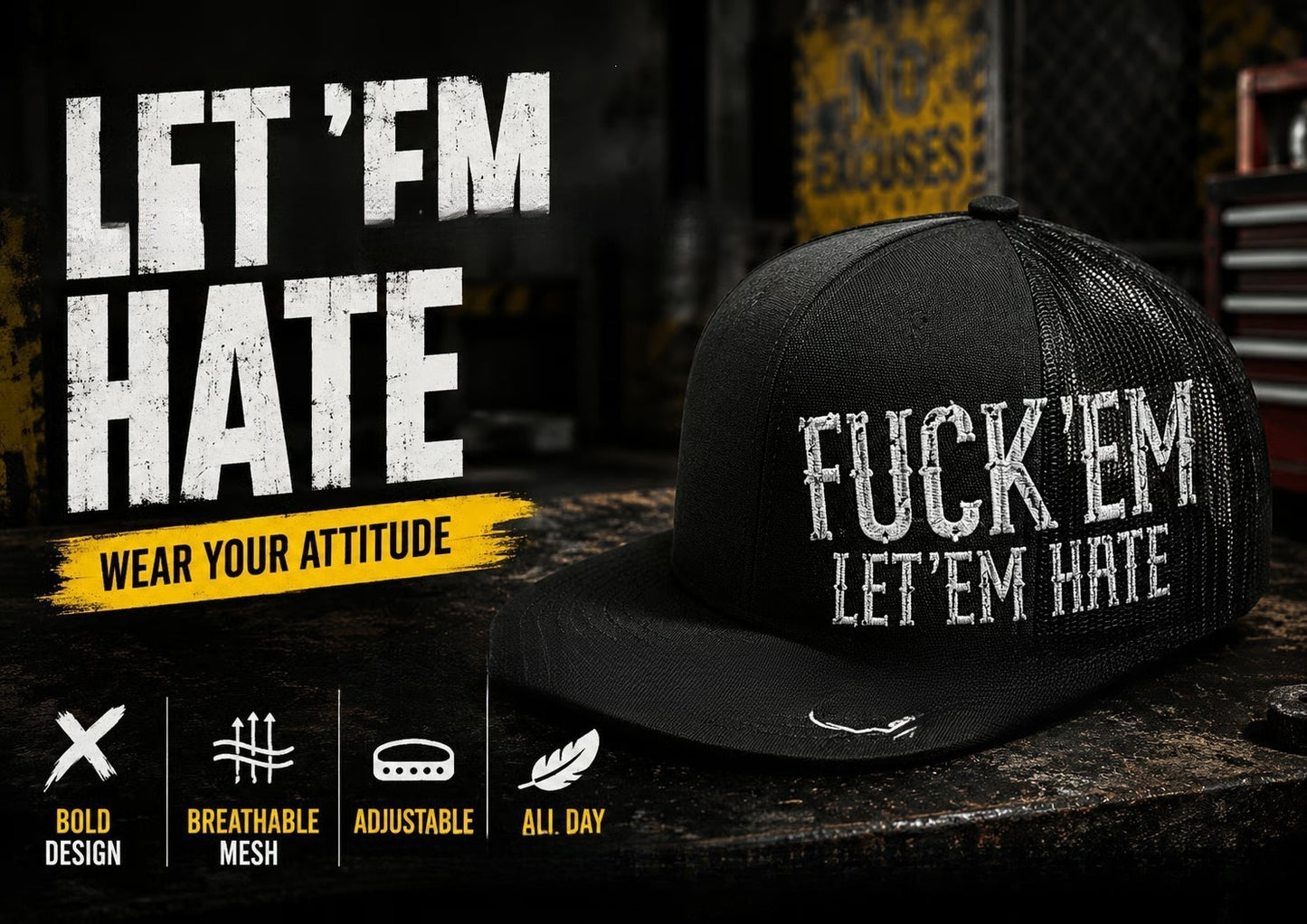 😤Fuck 'Em Let 'Em Hate Graphic Trucker Hat | Breathable Mesh Work & Outdoor Cap For Men