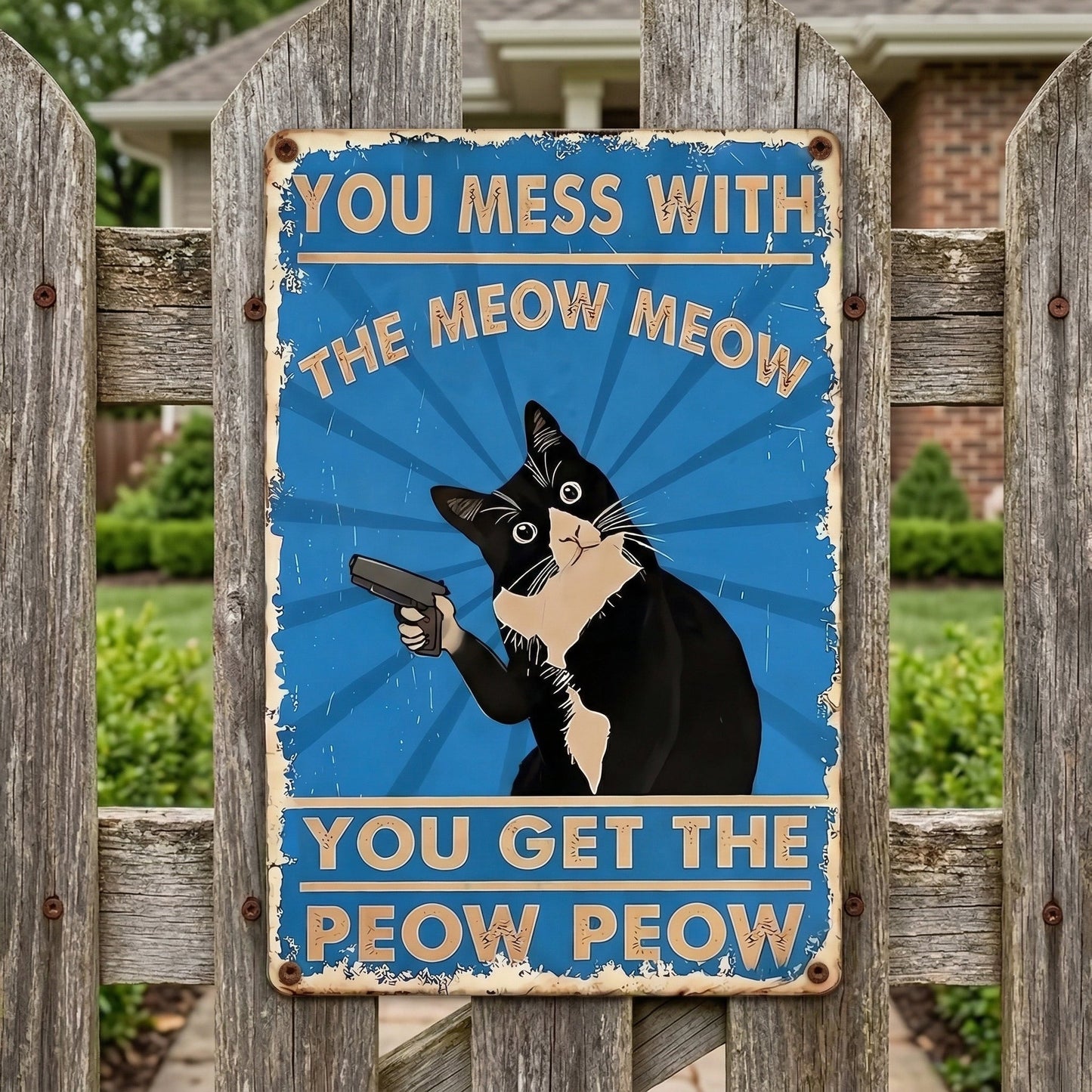 Vintage Black & White Cat Sign โ Funny โYou Mess With The Meow Meow, You Get The Peow Peowโ Wall Decor ๐๐ฑ