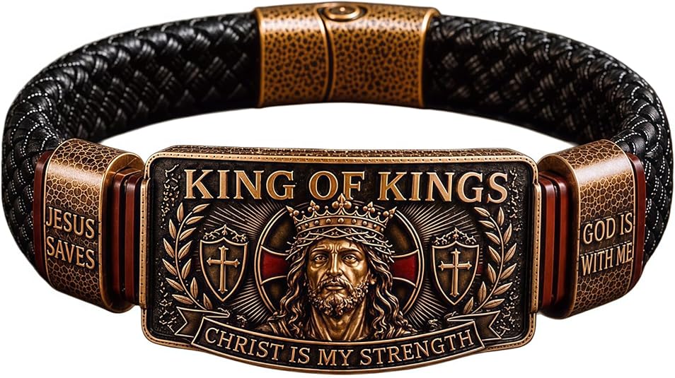 ✝️King of Kings Christian Engraved Braided Leather Bracelet, Jesus Faith Religious Wristband