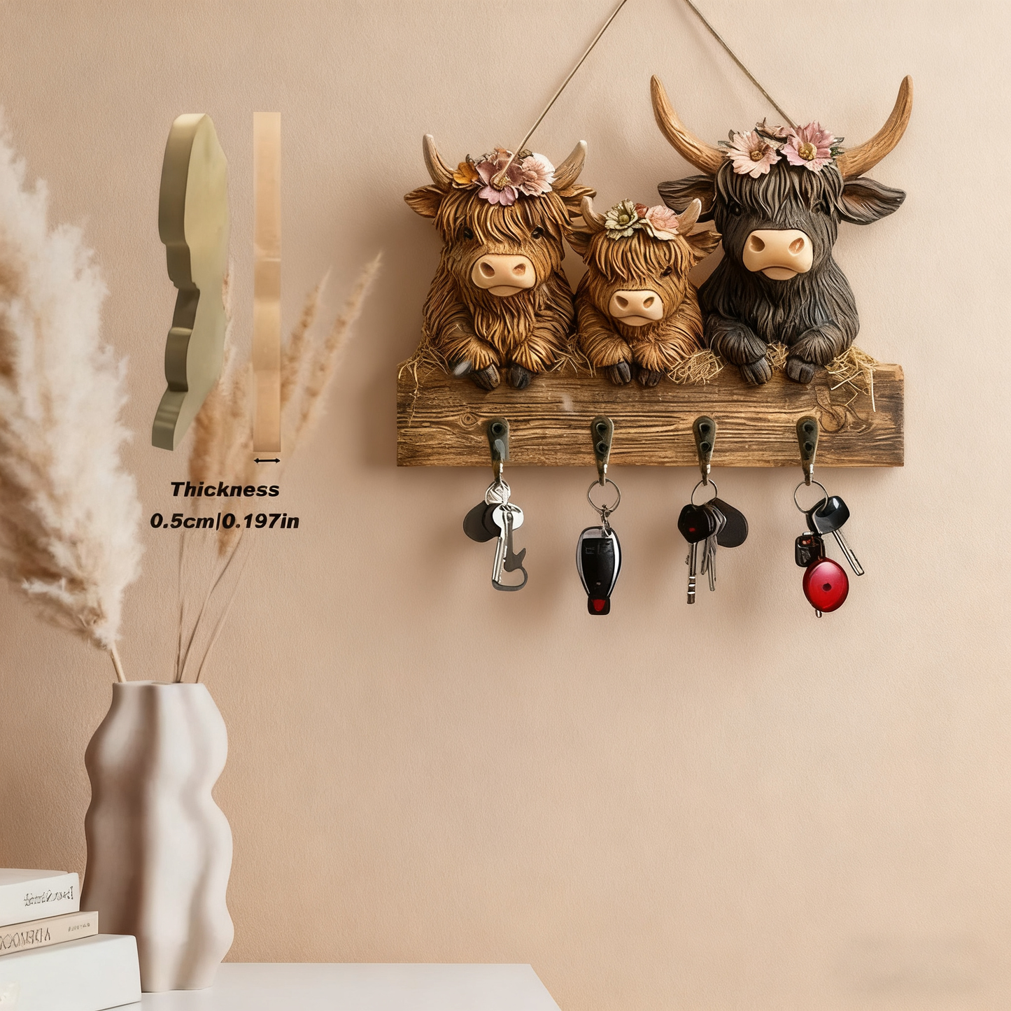 ๐ฎ2D- Rustic Highland Cow Wooden Family Key Holder Hanging Ornament with 4 Hooks
