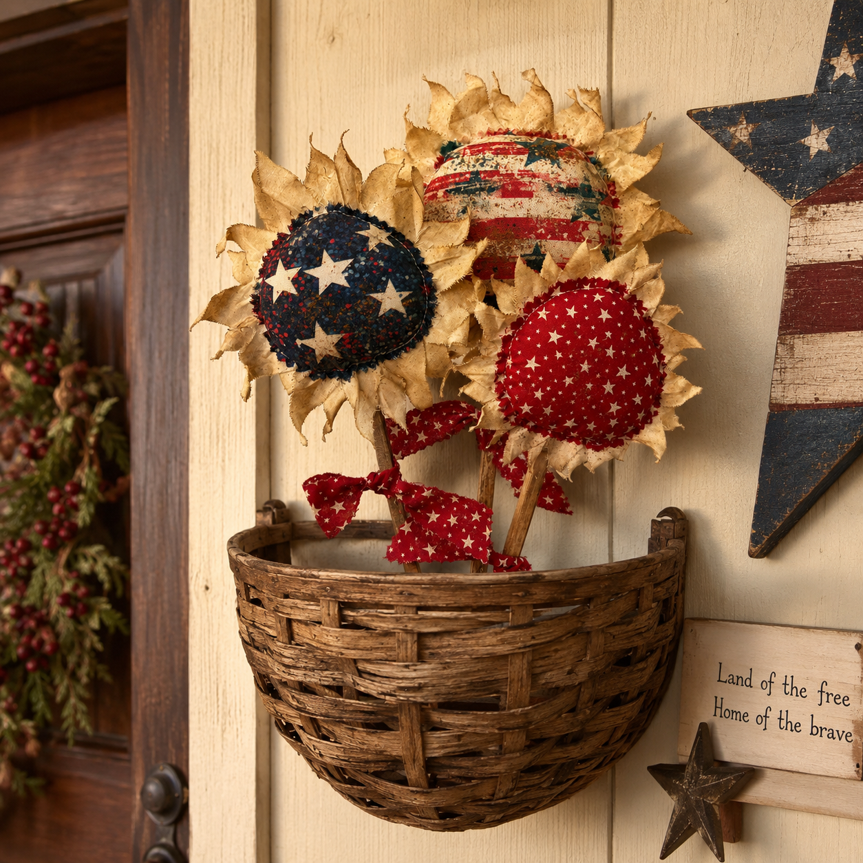 Primitive Americana Flower Picks Set of 3 – Rustic Patriotic Fabric Sunflower Decor