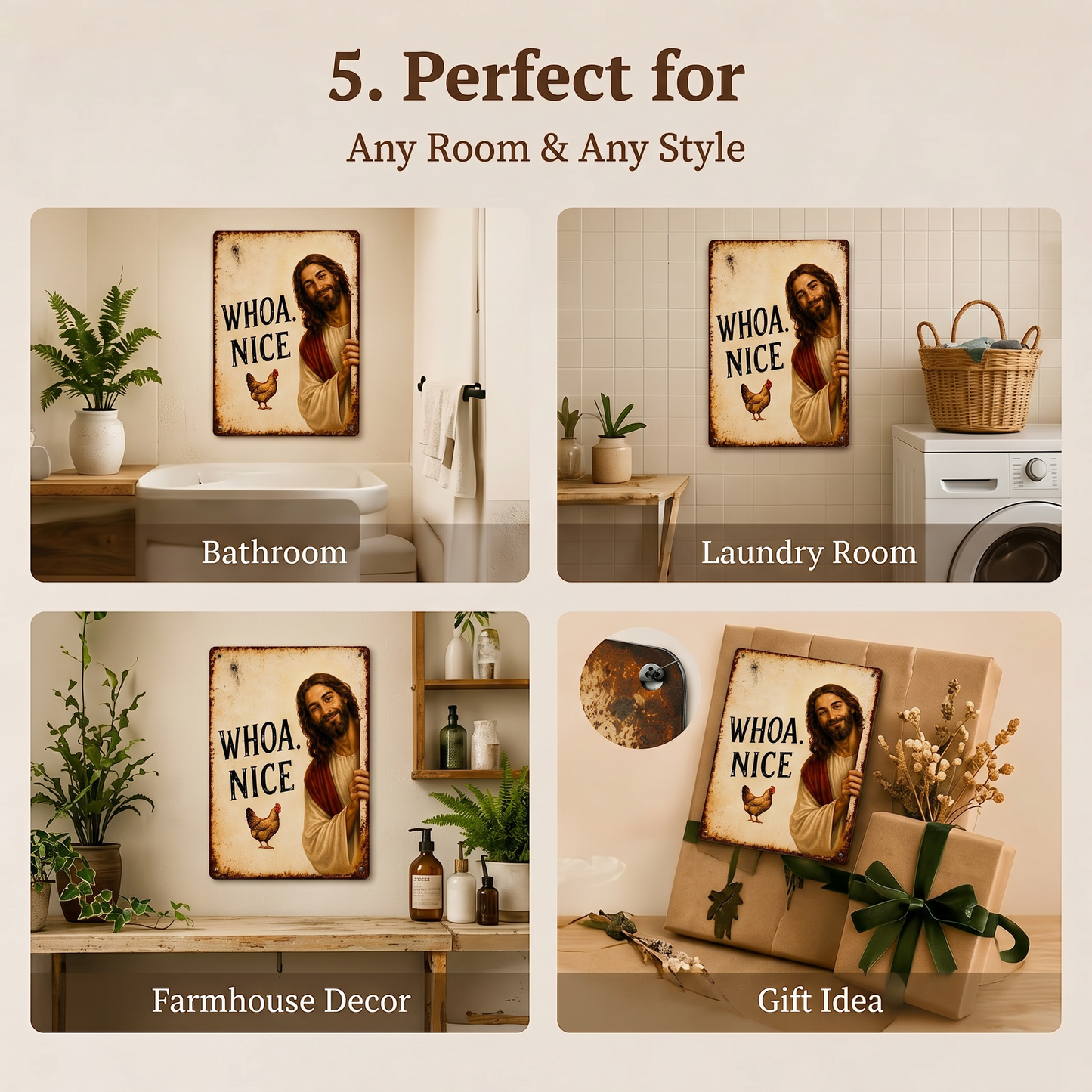 🤣Funny Bathroom Slogan Metal Tin Sign, Whoa Nice Peeking Jesus Chicken Vintage Farmhouse Wall Plaque
