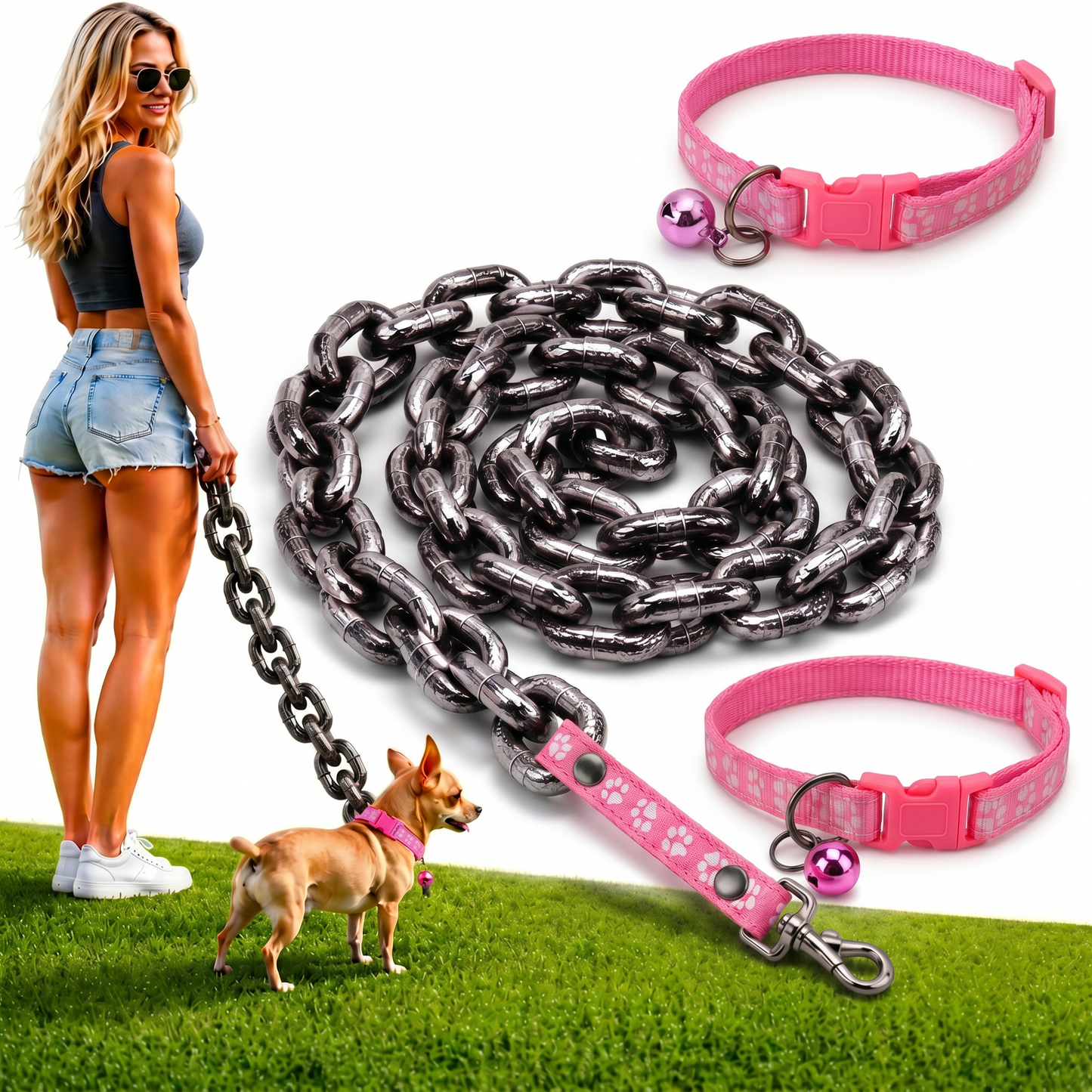 🤣Funny Oversized Dog Leash & Collar Set, "Small Dog Big Attitude" Comical Chain Leash