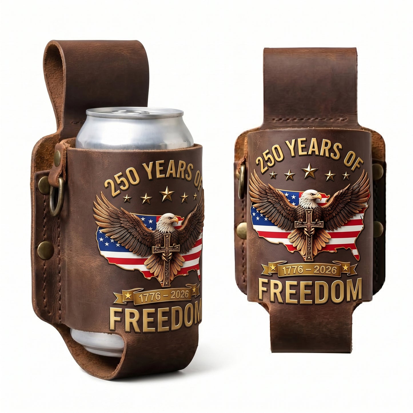 Full Grain Leather Belt Drink Holster | 250 Years of Freedom Eagle USA Can Cooler