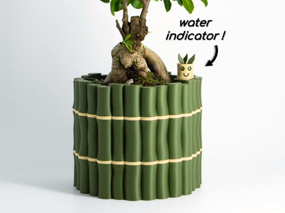 Bamboo Textured Self-Watering Plant Pot with Cute Water Level Indicator