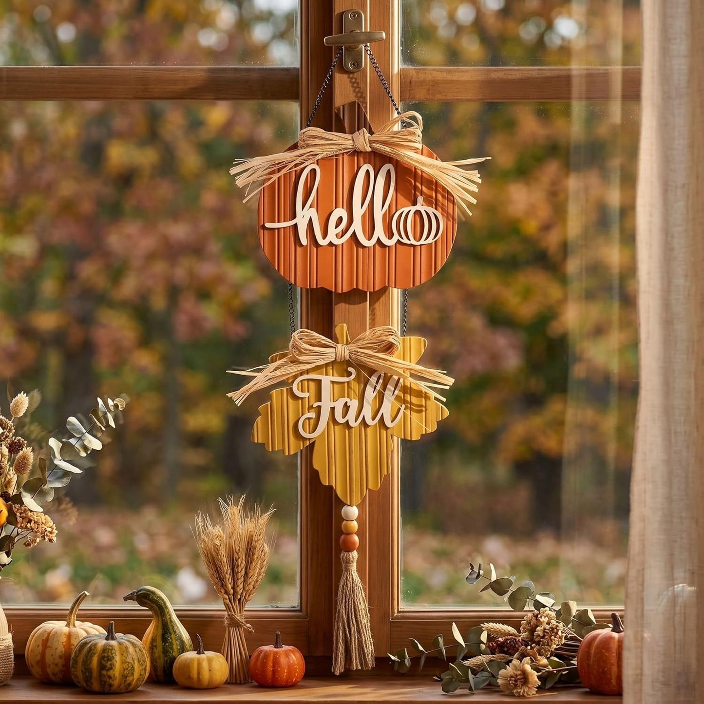 🍂Hello Fall Pumpkin Maple Leaf Wooden Hanging Sign