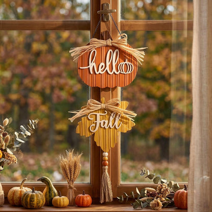 🍂Hello Fall Pumpkin Maple Leaf Wooden Hanging Sign