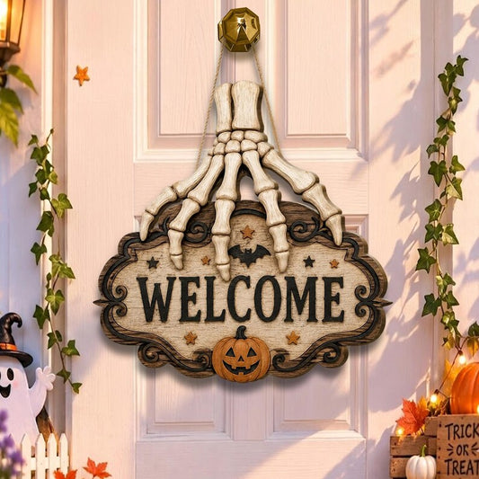 🎃Skeleton Hand Welcome Hanging Sign, Halloween Spooky Front Door Wooden Plaque