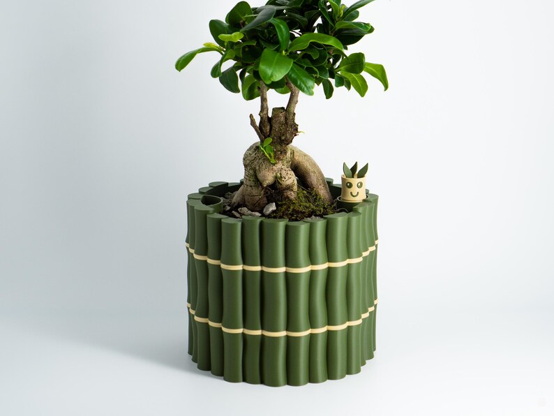 Bamboo Textured Self-Watering Plant Pot with Cute Water Level Indicator