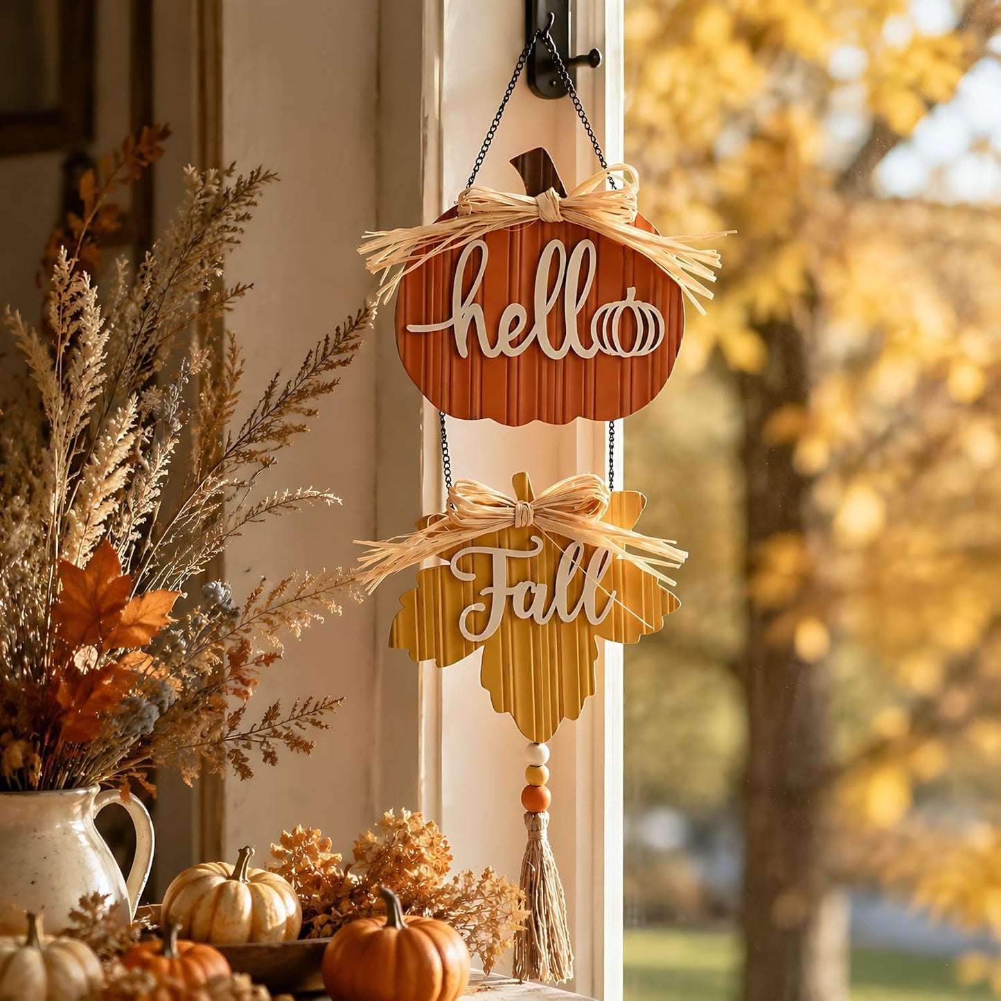 🍂Hello Fall Pumpkin Maple Leaf Wooden Hanging Sign