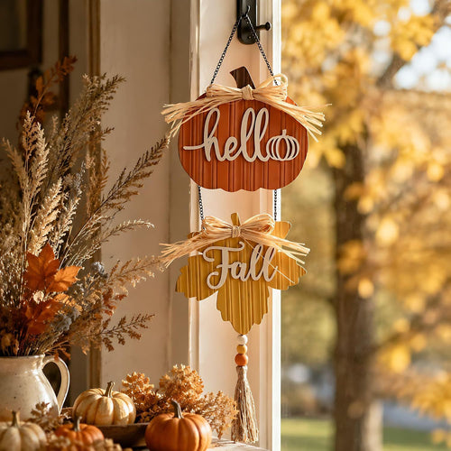 🍂Hello Fall Pumpkin Maple Leaf Wooden Hanging Sign