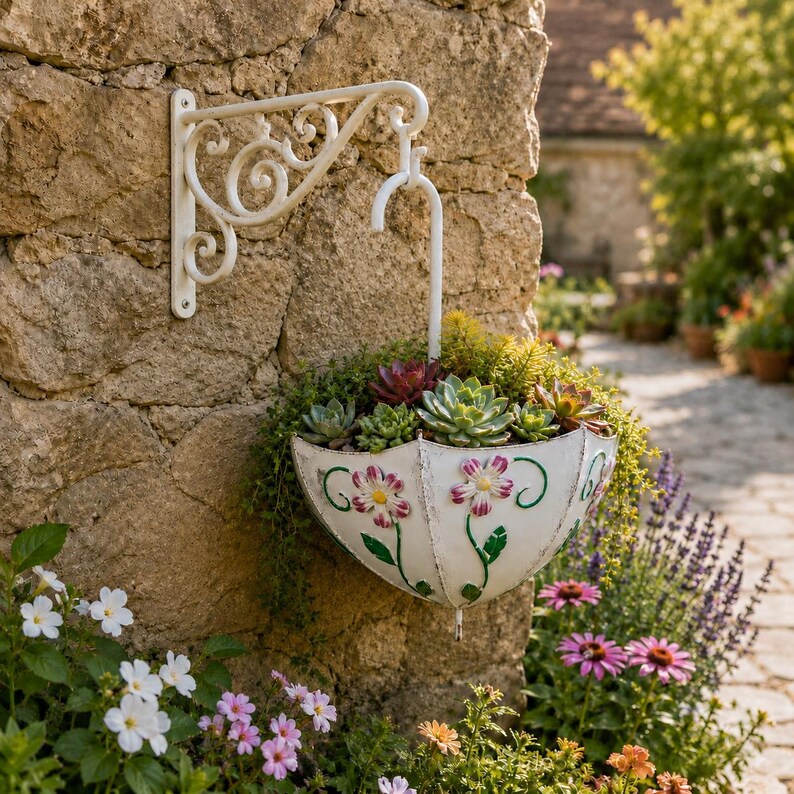Metal Umbrella Hanging Planter, Embossed Floral Wall Fence Rail Flower Pot