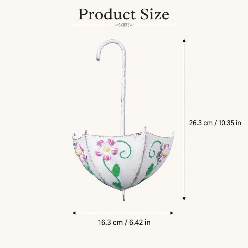 Metal Umbrella Hanging Planter, Embossed Floral Wall Fence Rail Flower Pot