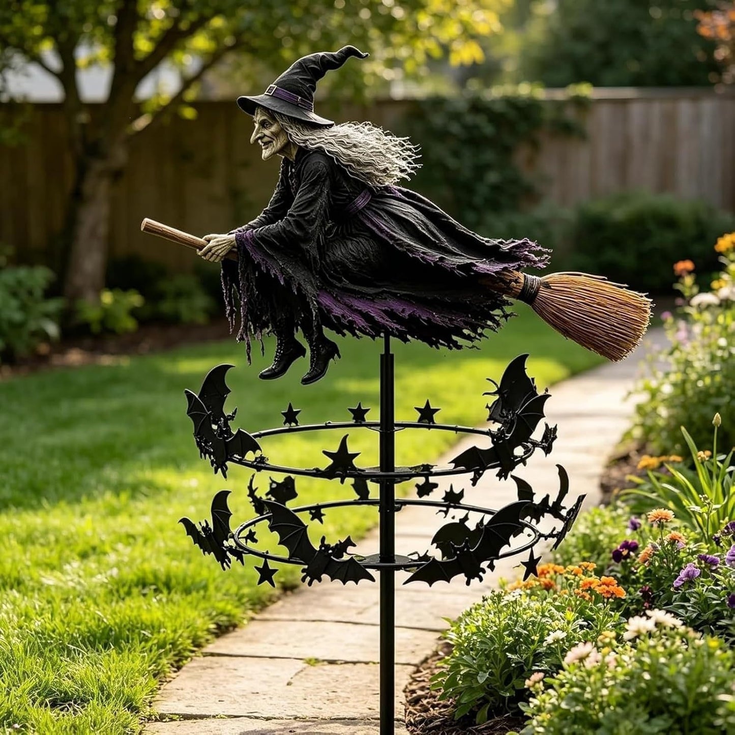 Flying Witch On Broom Wind Spinner Garden Stake,Halloween Outdoor Yard Decor