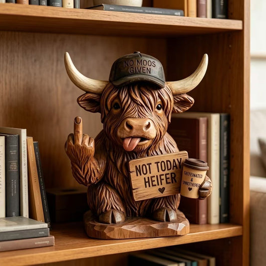 Funny Rude Highland Cow Resin Figurine, "Not Today Heifer" Cow Decor