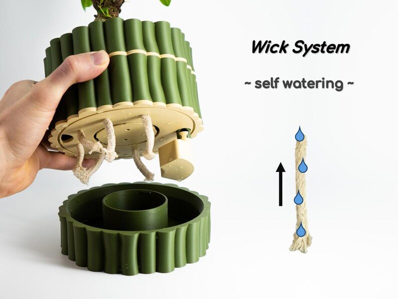 Bamboo Textured Self-Watering Plant Pot with Cute Water Level Indicator