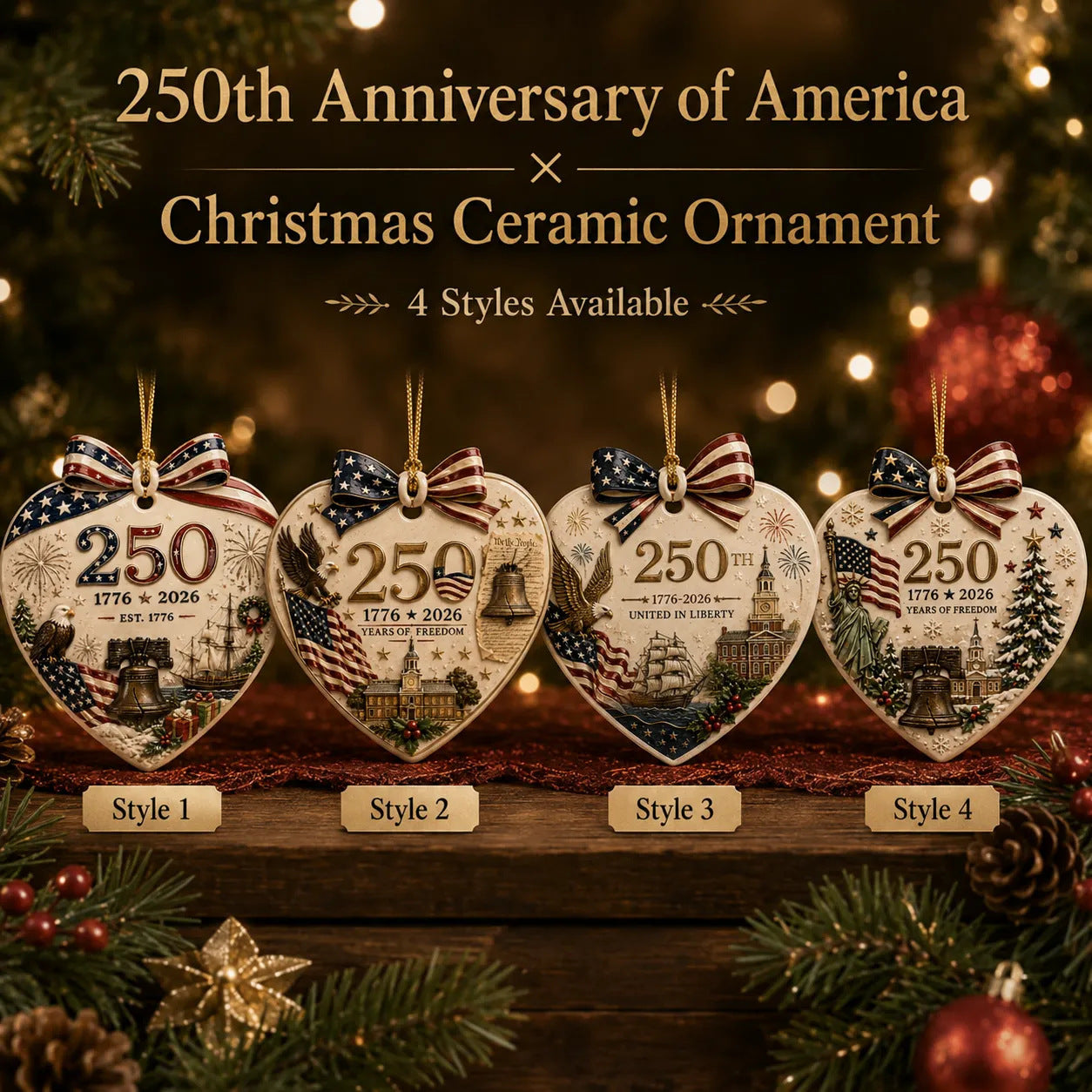 🎉250th Anniversary of America Heart Ceramic Christmas Ornament