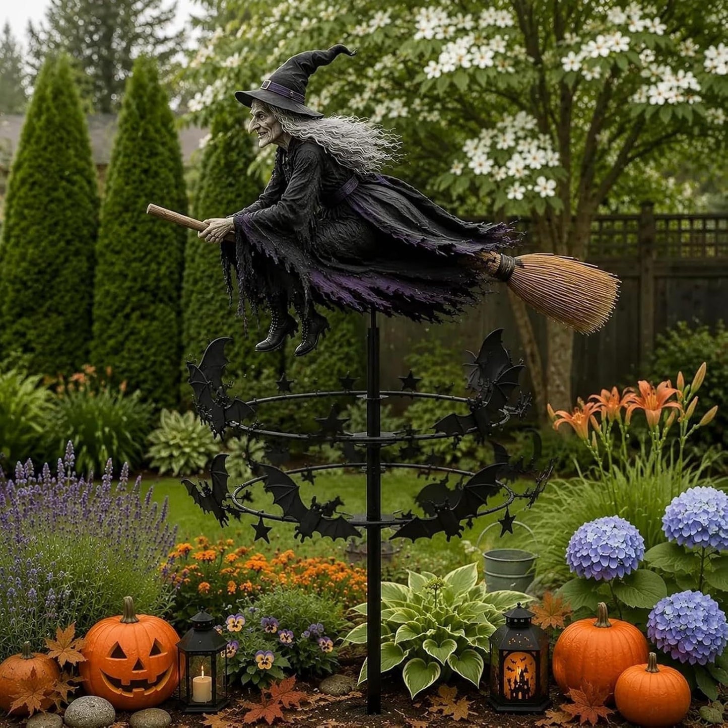 Flying Witch On Broom Wind Spinner Garden Stake,Halloween Outdoor Yard Decor