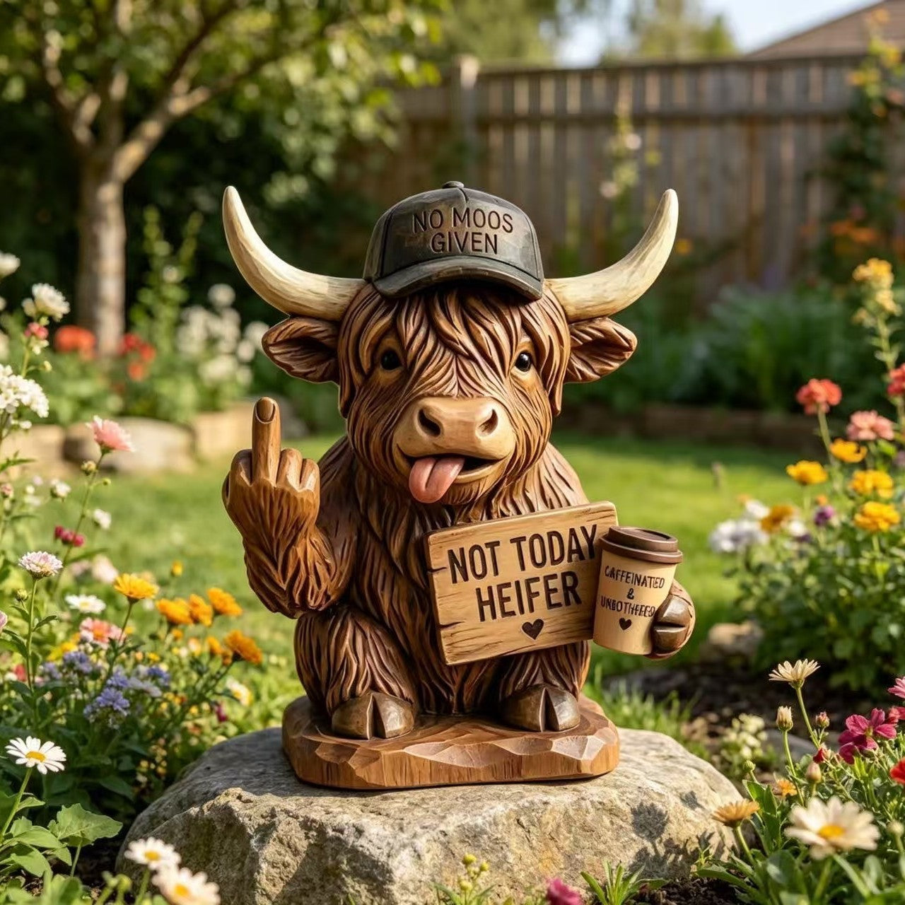 Funny Rude Highland Cow Resin Figurine, "Not Today Heifer" Cow Decor