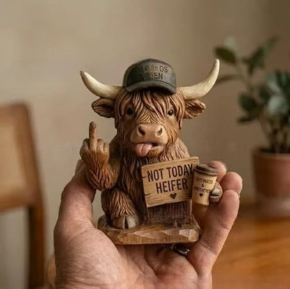 Funny Rude Highland Cow Resin Figurine, "Not Today Heifer" Cow Decor