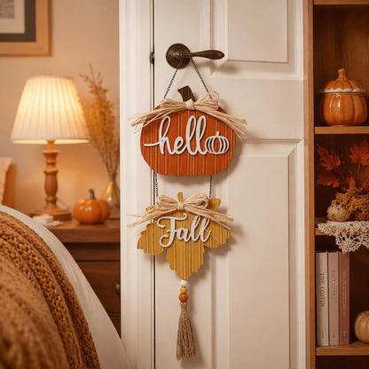 🍂Hello Fall Pumpkin Maple Leaf Wooden Hanging Sign