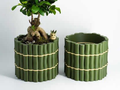 Bamboo Textured Self-Watering Plant Pot with Cute Water Level Indicator