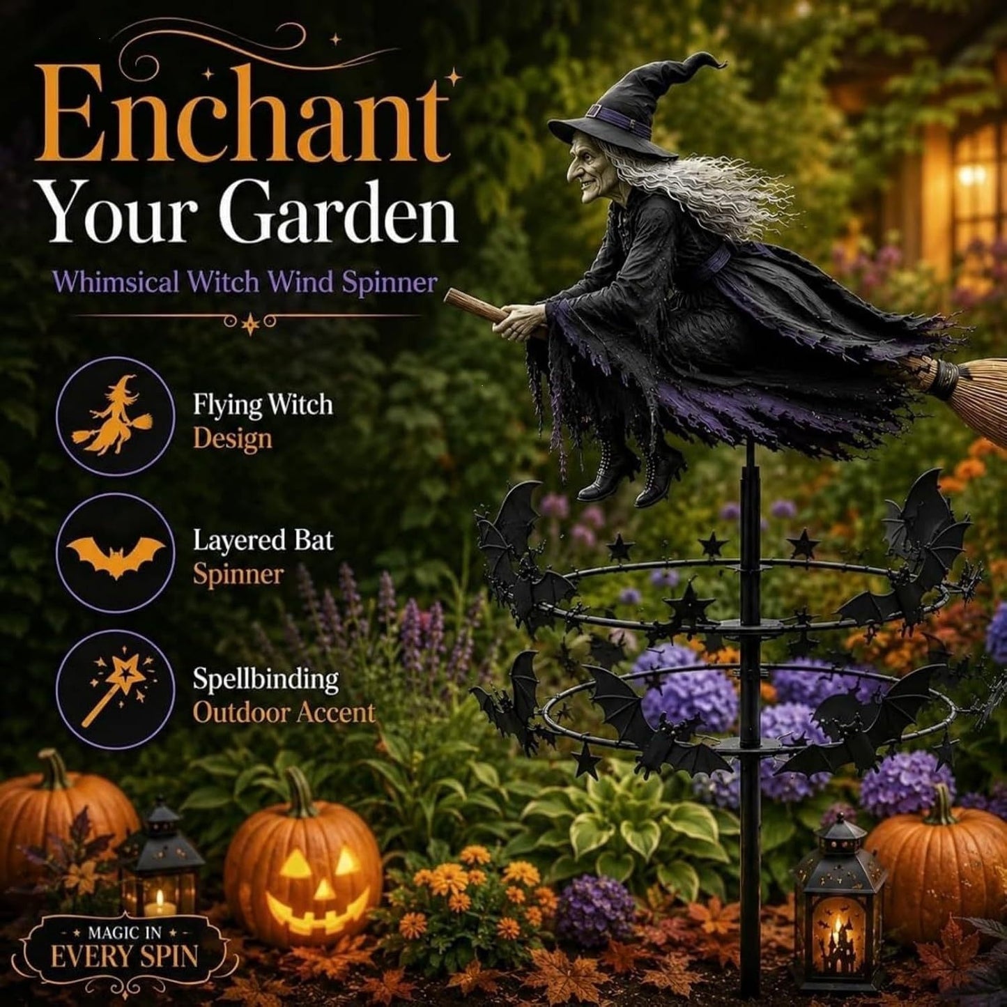 Flying Witch On Broom Wind Spinner Garden Stake,Halloween Outdoor Yard Decor