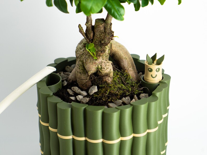 Bamboo Textured Self-Watering Plant Pot with Cute Water Level Indicator