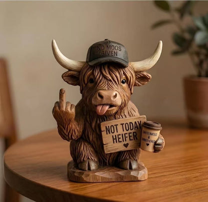 Funny Rude Highland Cow Resin Figurine, "Not Today Heifer" Cow Decor