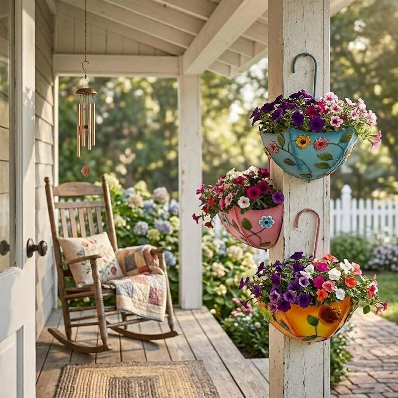 Metal Umbrella Hanging Planter, Embossed Floral Wall Fence Rail Flower Pot