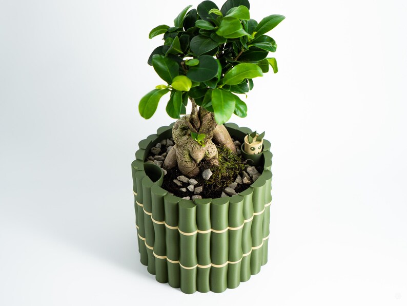 Bamboo Textured Self-Watering Plant Pot with Cute Water Level Indicator