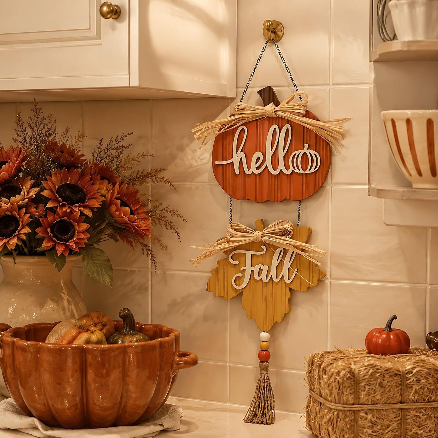 🍂Hello Fall Pumpkin Maple Leaf Wooden Hanging Sign
