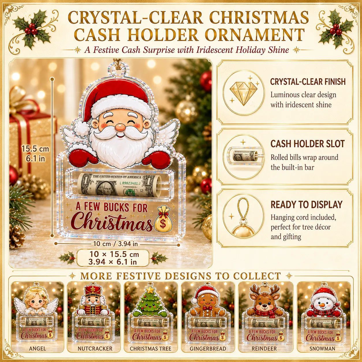 🎄A Few Bucks For Christmas™ Crystal Acrylic Money Holder Ornament