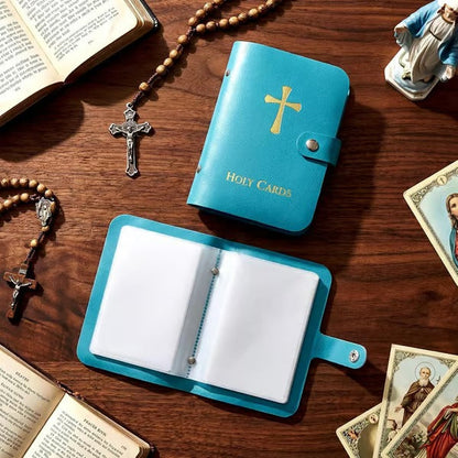 ✝️ Catholic Faux Leather Holy Card Holder – Pocket Prayer Card Organizer with Snap Closure