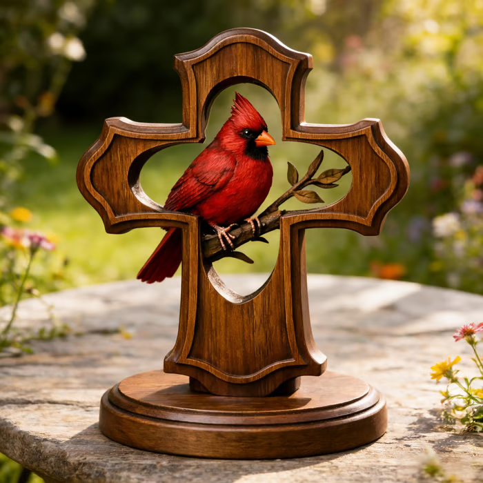🐦✝️ Handcrafted Cardinal Cross Ornament