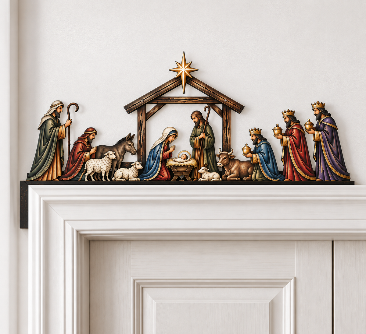 Full nativity scene door topper on white doorway