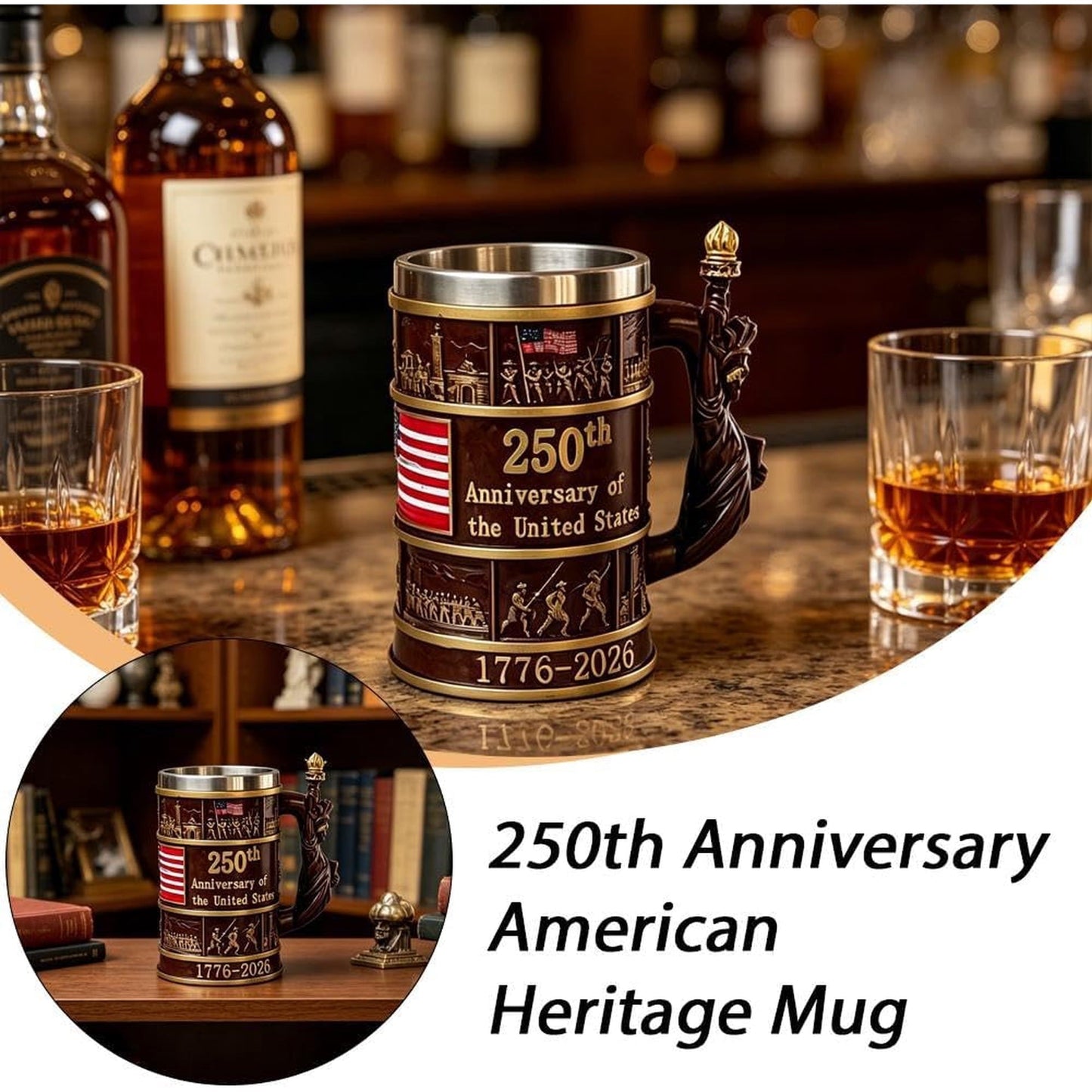250th Anniversary 3D American Flag Mug, Double Wall Resin & Stainless Steel
