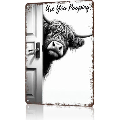 🔥Vintage Highland Cow Sign – Funny"Are You Pooping?" Wall Decor😂