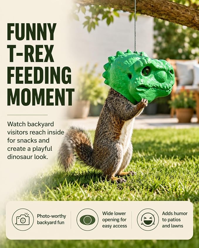 🤣Funny T-Rex Dinosaur Head Squirrel Feeder, Hanging Outdoor Backyard Nut & Seed Feeder