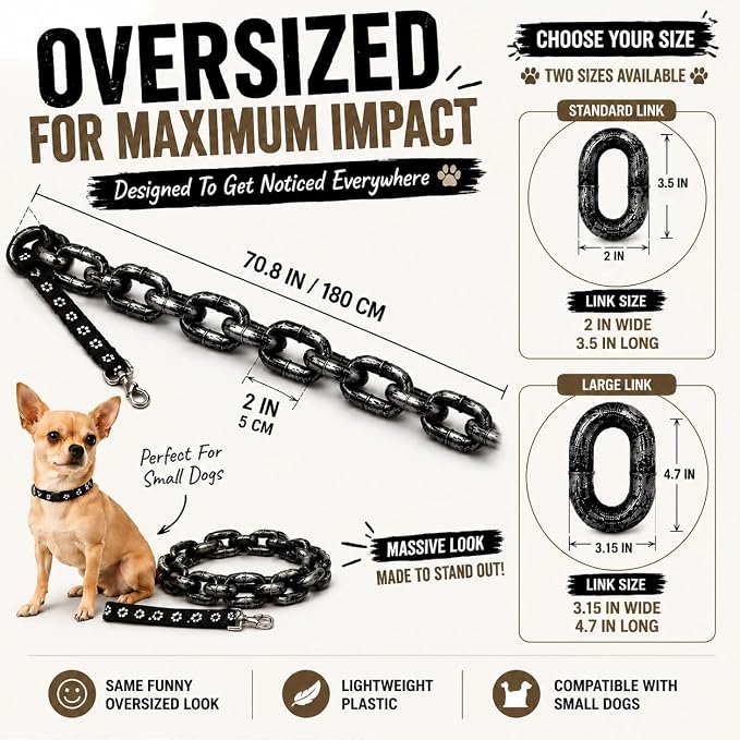 🤣Funny Oversized Dog Leash & Collar Set, "Small Dog Big Attitude" Comical Chain Leash