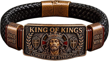 ✝️King of Kings Christian Engraved Braided Leather Bracelet, Jesus Faith Religious Wristband