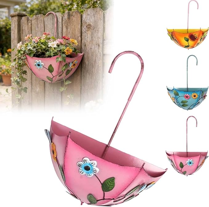 Metal Umbrella Hanging Planter, Embossed Floral Wall Fence Rail Flower Pot