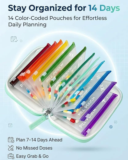 2‑Week Travel Pill Organizer with 14 Color‑Coded Reusable Pill Pouches | Portable Medication Storage Case