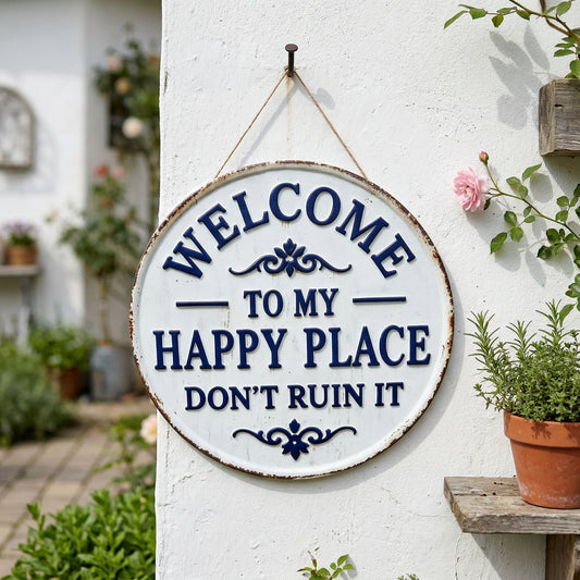 🔥Vintage Round Metal Sign – “Welcome to My Happy Place Don’t Ruin It” Garden Wall Decor