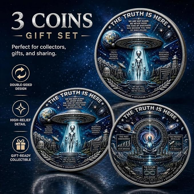UFO Alien Disclosure Challenge Coin | The Truth Is Here UAP Declassified Commemorative Coin, 3 Designs Available