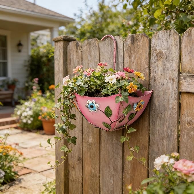 Metal Umbrella Hanging Planter, Embossed Floral Wall Fence Rail Flower Pot