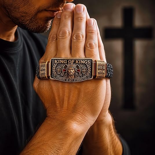 ✝️King of Kings Christian Engraved Braided Leather Bracelet, Jesus Faith Religious Wristband
