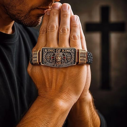 ✝️King of Kings Christian Engraved Braided Leather Bracelet, Jesus Faith Religious Wristband