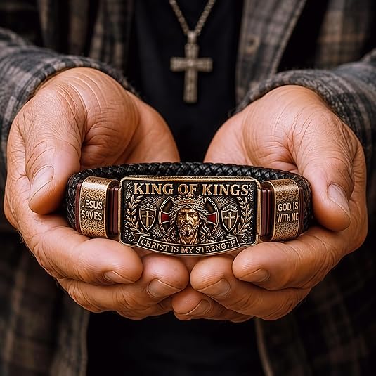 ✝️King of Kings Christian Engraved Braided Leather Bracelet, Jesus Faith Religious Wristband