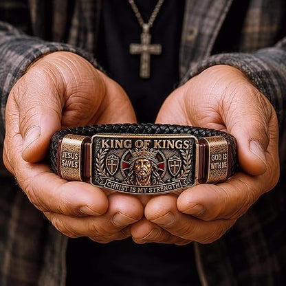 ✝️King of Kings Christian Engraved Braided Leather Bracelet, Jesus Faith Religious Wristband